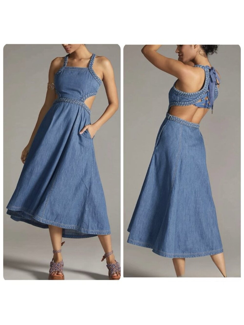 Anthropologie Pilcro Square-Neck Midi Dress cut-out Lace-up Back